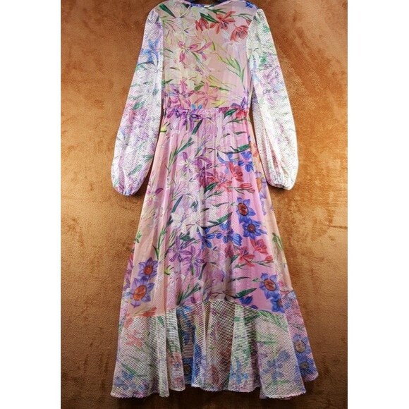 PATBO Womens Dress XS Pink Iris Floral Crochet Robe Tie Front Cascading Sheer - Picture 8 of 14